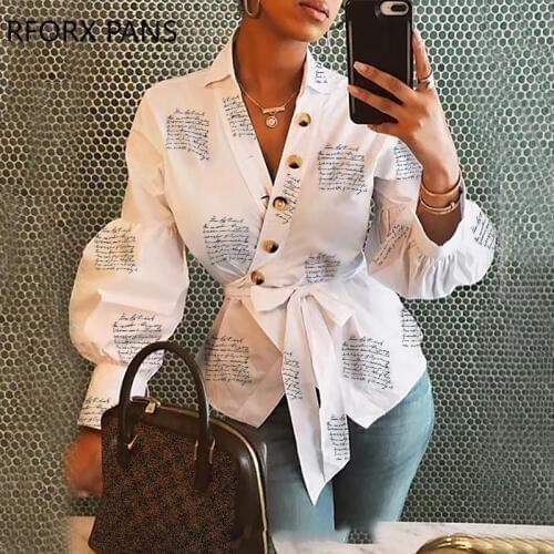 Lantern Sleeve Buttoned Surplice Wrap Printed Blouse