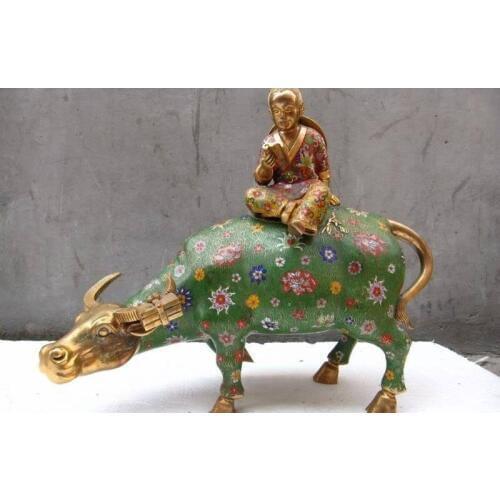 China Royal 100% Pure Bronze Copper cloisonne Enamel Cowboy Ride on Bull cattle