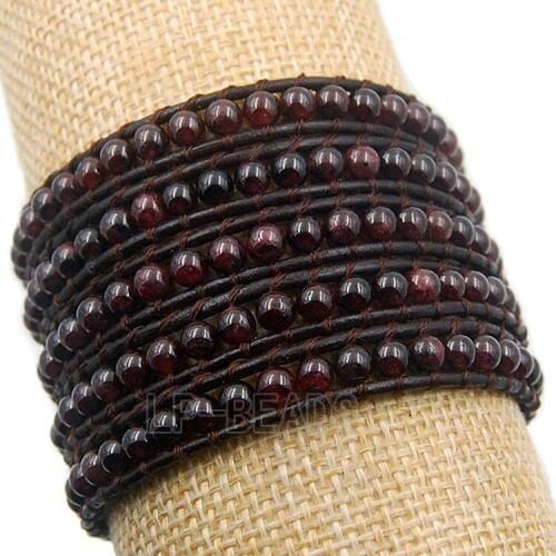 5 Wrap Natural Red Garnet Hot Colorful Mens Womens Handmade 4mm Gem stones Beads Wrap Leather Bracelet Wholesale 3PCS/Lot