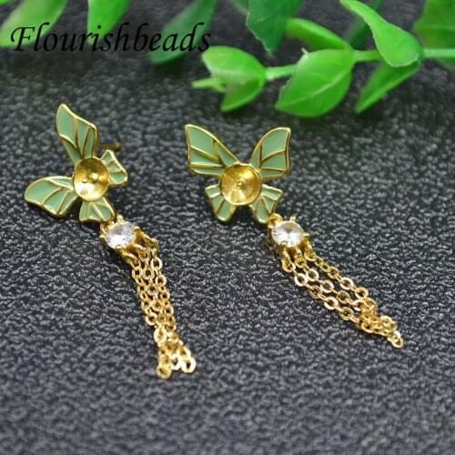 Beautiful S925 Silver CZ Paved Butterfly Flower Gold Tassel Earrings For Jewelry Half Hole Pearl Making