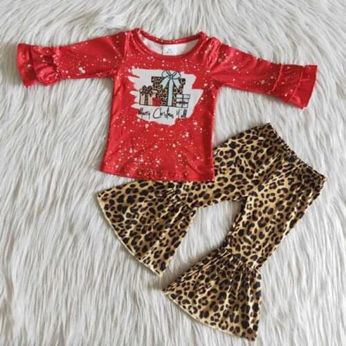 Best Selling Toddler Kids Christmas Long Sleeve Cloth Suit Girl Top And Leopard Bells Set Children Clothing With Gift Pattern