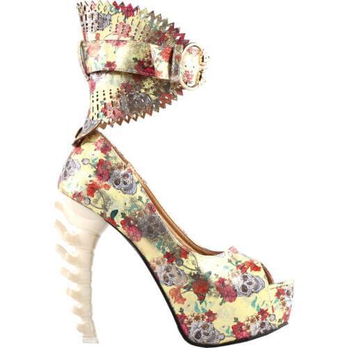 LF80686 SHOW STORY Multicoloured Floral Skull Pattern Gladiator Buckle Platform Bone Heels Pumps