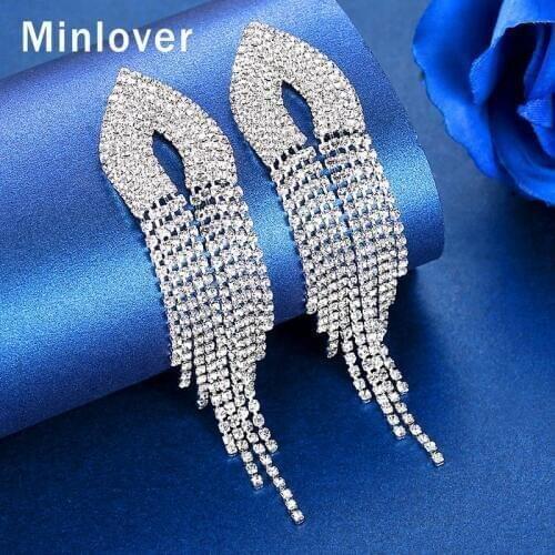 Minlover Full Rhinestone Tassel Drop Earrings for Women Silver Color Luxury Wedding Dangle Earring Female Party Jewelry MEH1637