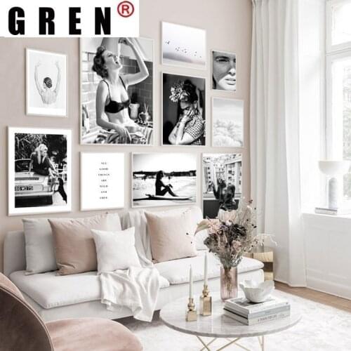 GREN Fashion Girl Canvas Painting Black and White Wall Art Nordic Minimalist Posters Print Pictures For Living Room Home Decor
