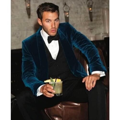Fashion Velvet Groom Tuxedos Shawl Lapel Groomsmen Wedding Dress Excellent Man Jacket Blazer 3 Piece Suit(Jacket+Pants+Vest+Tie)