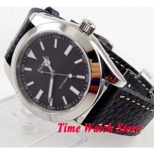Parnis 40mm Miyota 8215 black dial luminous sapphire glass automatic mens watch polished waterproof