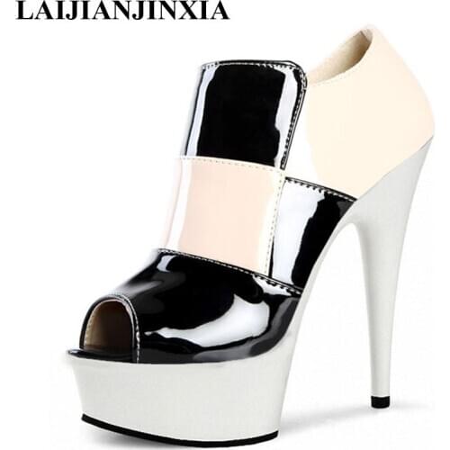 LAIJIANJINXIA New Open Toe For Women Spike 15cm High Heels Platform Pumps Patent Leather Shoes Women Gothic Runway Shoes