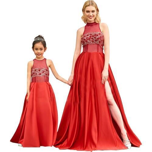 Family Look Mother Daughter Mother and Kids Communion Dresses Mother-daughter-formal-dresses Sleeveless Red Party Dress