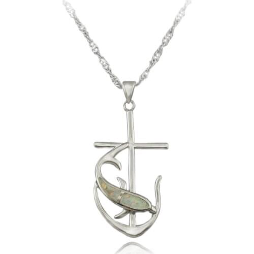Simple Cross Fish White Fire Opal Silver Plated Pendants for Men and Women OP335