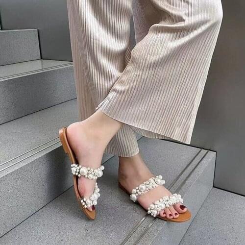 Ladies Sandals Bohemian Transparent Flat Pearl All-match Crystal Outdoor Slippers Beach Shoes Womens Slippers Large Size 43