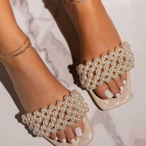 Lucyever Pearl Square Toe Slippers Women Summer Comfortable Open Toe Flat Bathroom Slides Woman Soft Bottom Non-Slip Beach Shoes