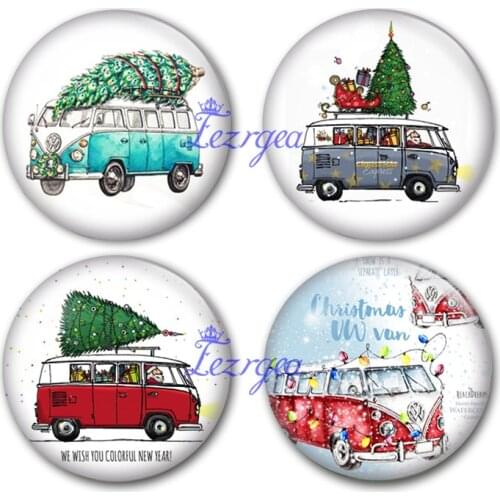 Christmas VW van glass cabochon, Christmas express Round photo glass cabochon demo flat back Making findings