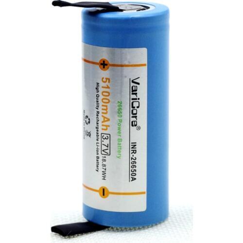 VariCore 26650 lithium battery, 3.7V 5100mAh, 26650 rechargeable battery, 26650-50A suitable +DIY Nickel sheets