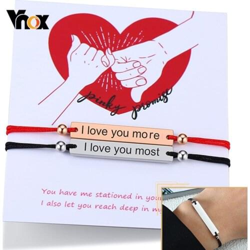 Vnox Custom Personalized Engrave Names Letters Couples Bracelets for Women Men with Stainless Steel ID Bar Red Black Rope Chain