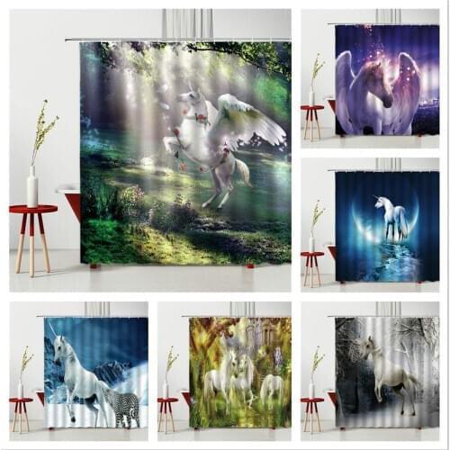 Unicorn Shower Curtain Dream Unicorn Castle Bathroom Bathtub Decoration Bathroom Curtain Waterproof Polyester Fabric