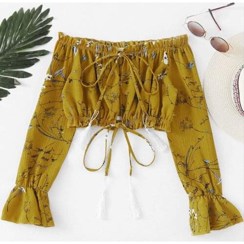 T-shirt Long Sleeve Printed Tops Clothes T Shirt Off Shoulder Chiffon Print Top Women Summer Fashion Blouse