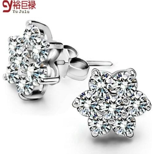 Korea Flower Snow Female Silver Fashion Jewelry CZ Stud Earrings for Women Ear Cute Earrings Are 2 Carat Cubic Zirconia