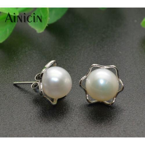Sunflower Shape Nearly Round Natural Freshwater Pearl S925 Sterling Silver Stud Earrings Cute Women Girls Jewelry 5pairs