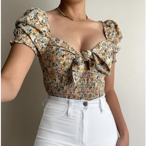 Puff Sleeve Floral Backless Crop Tops Bandage Chest Hollow Out Woman Tshirts Square Neck Casual 2021 Missnight