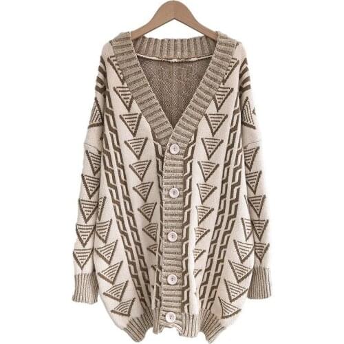2019 Autumn women knit cardigan jacket loose sweater long sleeve V-neck geometric patterns casual top Large size sweaters G638