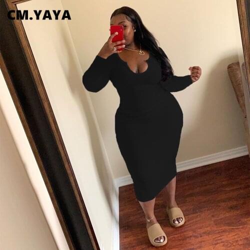 CM.YAYA Women Midi Dress Solid Full Sleeve V-neck Stretchy Skinny Bodycon Pencil Dresses Fashion Vestidos Summer Outfits 2021