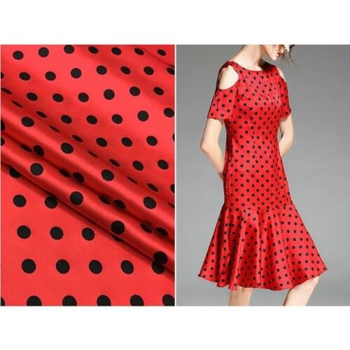 145 * 50CM New Black Polkadot Print On Red 19 M Elastic Heavy Silk Satin Fabric for High Fashion Clothing