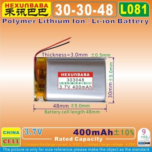 10pcs [L081] 3.7V 400mAh [303048] PLIB; polymer lithium ion / Li-ion battery for DVR,mp4,cell phone,speaker,TOY;MP3,CAMERA