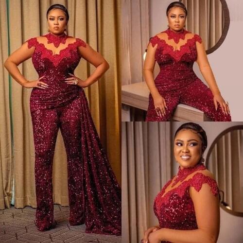 African Burgundy Sequins Lace Jumpsuit Evening Dresses Wear High Collar Sheer Long Sleeve Prom Dress with Slid Train Pant Suit