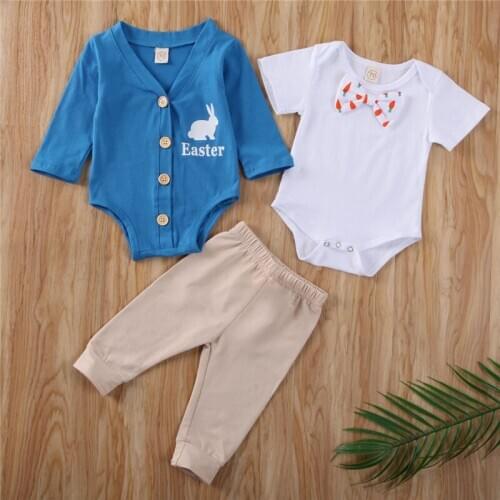 Free shipping Newborn Toddler Baby Girl Boy clothes Easter print coat bow round neck short sleeve Bodysuit solid pant 3pc Outfit