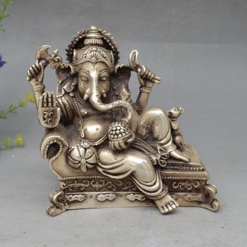 FREE SHIPPING 6" lucky Chinese Tibet Silver 4 Arms Ganesh Elephant Mammon Buddha Mouse Statue S0706