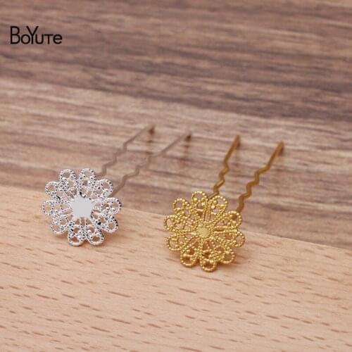 BoYuTe (20 Pieces/Lot) 17MM Metal Brass Filigree Flower Hair Fork Hairpin Bride Hair Jewelry Diy Accessories Wholesale