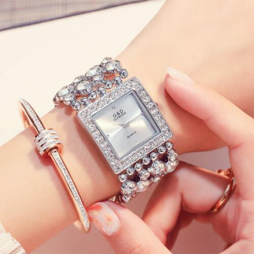 G&D Luxury Brand Womens Watches Silver Rhinestone Bracelet Watch Ladies Fashion Quartz Wrist Watches for Women Reloj Mujer Clock