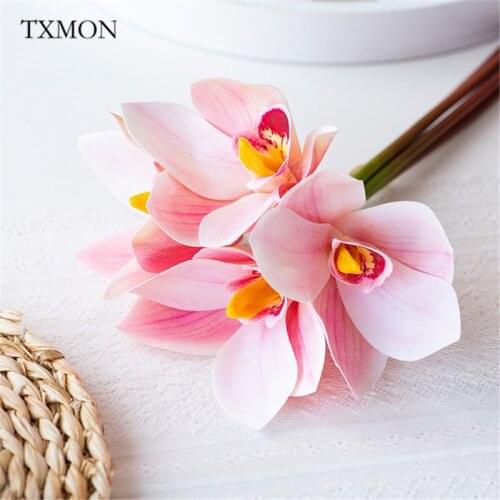 4pc Simulation Flower Bouquet Cymbidium 3D Print Hand Feel Bride Hold Flower Wedding Decor Home Flower Arrangement Photo Props
