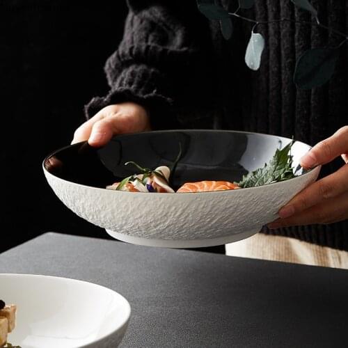 9.5 Inch Stone Pattern Ceramic Plate French Pasta Plate Creative White Round Soup Plate Kitchen Tableware European Service Tray