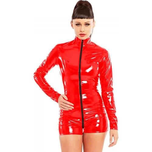 Ladies Wet Look PVC Playsuit for Weomen Plus Size Playsuits Long Sleeve Faux Leather Rompers Front Zipper Open Crotch Jumpsuit