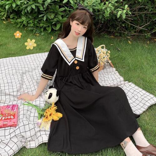 Korean Loose Sailor Collar College Lantern Sleeves High Waist Slimming Platycodon Grandiflorum Dress Female 2020 lolita dress
