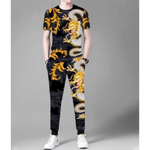 Mens daily casual suit 3D dragon print summer short-sleeved T-shirt + elastic band trousers 2-piece fashion street mens suit