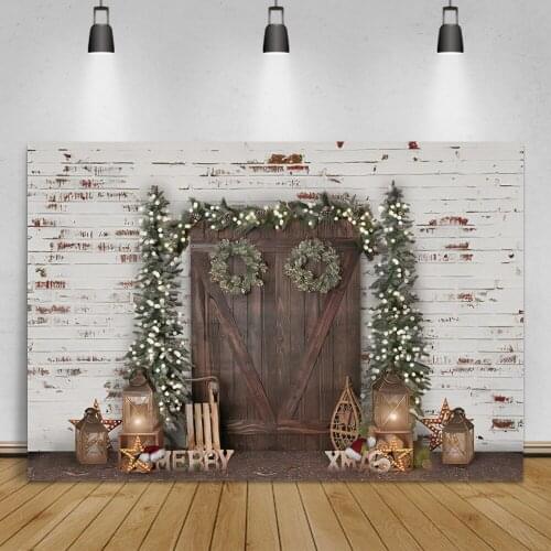 Laeacco Wooden Door Christmas Garland Photography Backdrop Vintage Lantern Decor Child Photocall Scenic Photo Background Poster