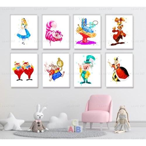 Alice In Wonderland Set Watercolor Printable Art Poster Canvas Painting Nordic Living Room Home Decor Wall Picture Cuadros