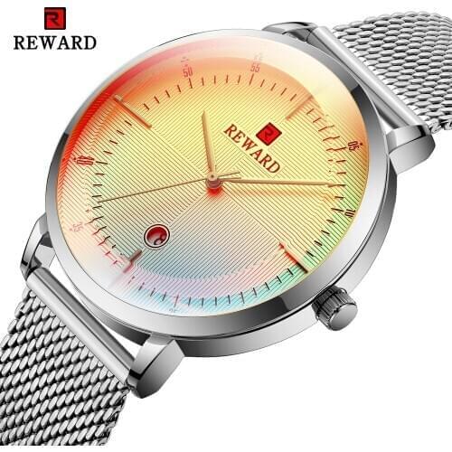 REWARD New Watch Fashion Men Silver Stainless Steel Quartz Wrist Watch Mens Waterproof Calendar Color Bright Glass Watches