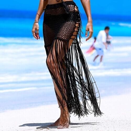 2021 Newest Crochet Bikini Cover-Ups Long Tassels Hollow Out Sexy Skirt Beach Wear