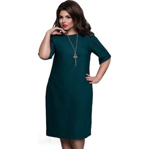 Autumn Women Curv Dress Plus Size Knee Length Solid Color O-neck Half Sleeve Casual Loose Ladies Dresses