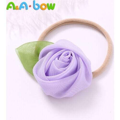 New Satin Ribbon Headband Elastic Childrens Hair Accessories Green Leaf Rose Flower Baby Hair Tie Seamless Nylon Hair Rope