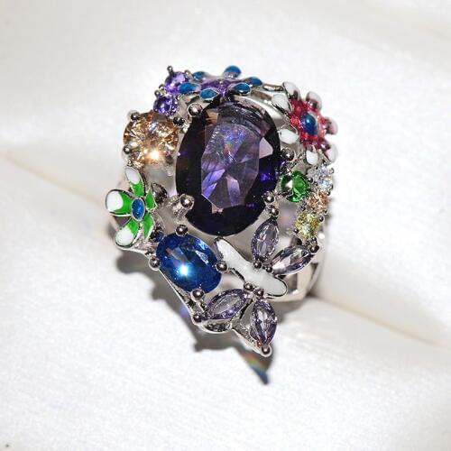 Silver Flower Ring for Women Hot Sale Purple Colors Crystal Fashion Party Ring Colorful Jewelry Trendy Resin For Womens Ring