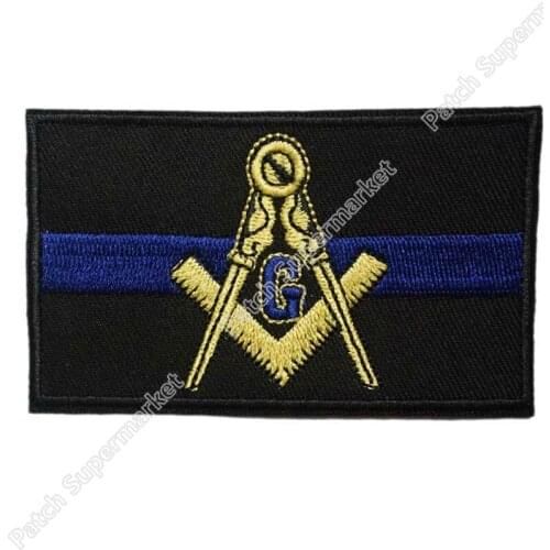 BLUE LINE FLAG MASONIC LOGO BIKER VEST IRON ON PATCH FREEMASON SQUARE COMPASS MASON SEW ON BADGE APPLIQUE EMBLEM