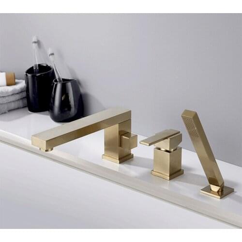 Bathtub Faucet Brushed Gold Bath and Shower Faucet 3 Hole Widespread Basin Mixer with Hand Showe Head Hot and Cold Water Tap