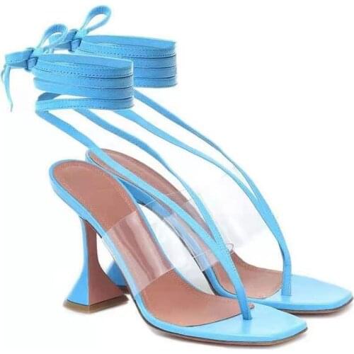 Thong Sandals Strappy High Heels Women 2021 Ladies Clear Shoes White Square Toe Sandal Womens Summer Woman Designer Blue Shoes