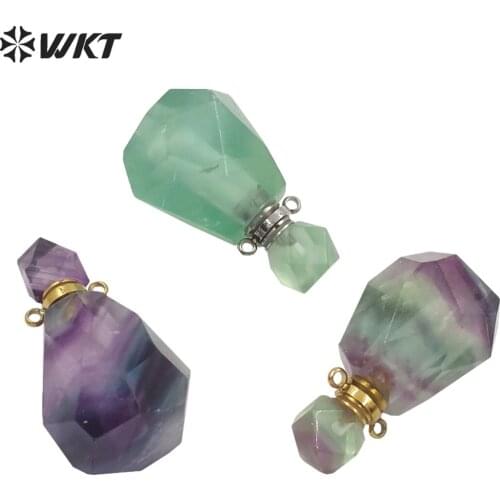 WT-P1670 Wholesale fashion Natura Rainbow Fluorite perfume bottle pendant Stainless steel double faceted cut stone pendant