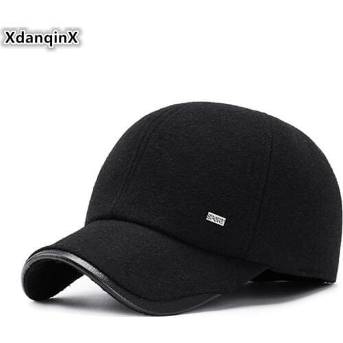 XdanqinX Winter Mens Earmuffs Cap Thick Warm Baseball Caps With Ears Snapback Hat Adjustable Size Middle-aged Dads Bone Hats