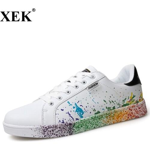 XEK 2018 New Design Casual Women Sneakers Painting Stylish Shoes Lace Up Girls&Boys Fashion Sneakers Walking Flats JH162
